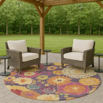 8' Purple Gold And Pink Round Floral Washable Indoor Outdoor Area Rug