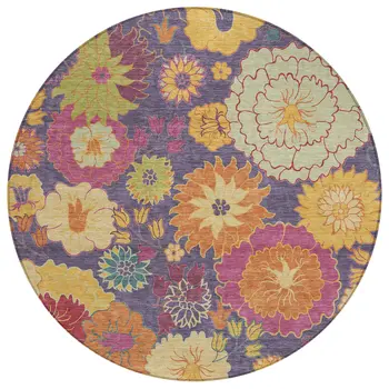 8' Purple Gold And Pink Round Floral Washable Indoor Outdoor Area Rug