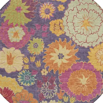 8' Purple Gold And Pink Round Floral Washable Indoor Outdoor Area Rug