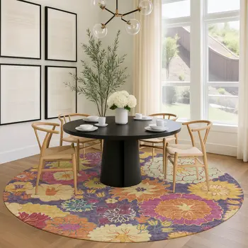 8' Purple Gold And Pink Round Floral Washable Indoor Outdoor Area Rug