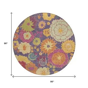 8' Purple Gold And Pink Round Floral Washable Indoor Outdoor Area Rug