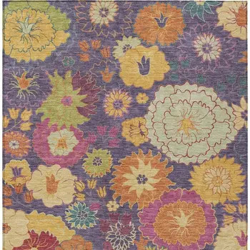 10' X 14' Purple Gold And Pink Floral Washable Indoor Outdoor Area Rug