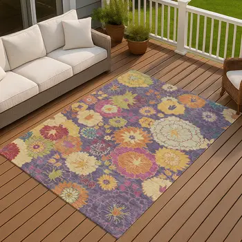 10' X 14' Purple Gold And Pink Floral Washable Indoor Outdoor Area Rug