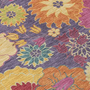 10' X 14' Purple Gold And Pink Floral Washable Indoor Outdoor Area Rug
