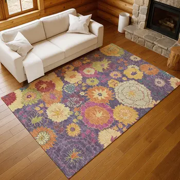 10' X 14' Purple Gold And Pink Floral Washable Indoor Outdoor Area Rug
