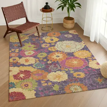 10' X 14' Purple Gold And Pink Floral Washable Indoor Outdoor Area Rug