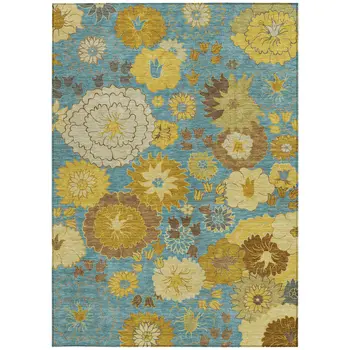 5' X 8' Aqua Gold And Beige Floral Washable Indoor Outdoor Area Rug