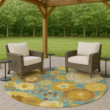 8' Aqua Gold And Beige Round Floral Washable Indoor Outdoor Area Rug