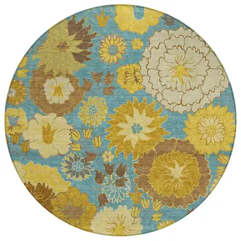 8' Aqua Gold And Beige Round Floral Washable Indoor Outdoor Area Rug
