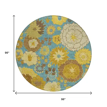 8' Aqua Gold And Beige Round Floral Washable Indoor Outdoor Area Rug