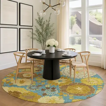 8' Aqua Gold And Beige Round Floral Washable Indoor Outdoor Area Rug