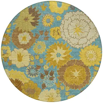 8' Aqua Gold And Beige Round Floral Washable Indoor Outdoor Area Rug