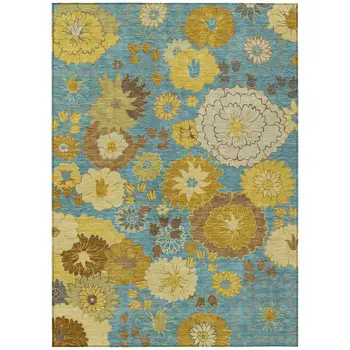 8' X 10' Aqua Gold And Beige Floral Washable Indoor Outdoor Area Rug