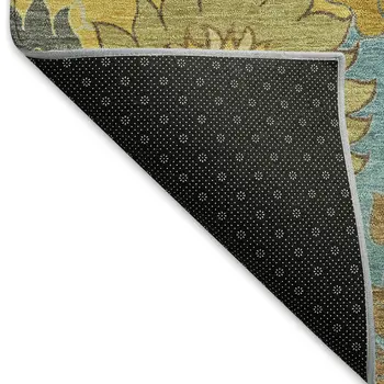 8' X 10' Aqua Gold And Beige Floral Washable Indoor Outdoor Area Rug