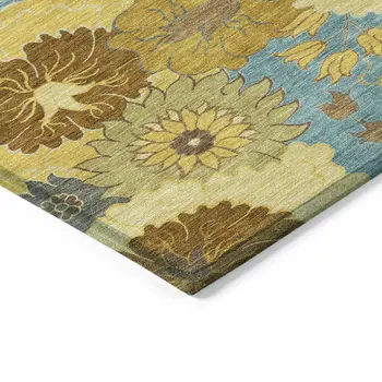 8' X 10' Aqua Gold And Beige Floral Washable Indoor Outdoor Area Rug