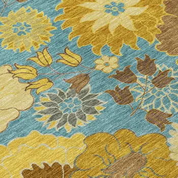 8' X 10' Aqua Gold And Beige Floral Washable Indoor Outdoor Area Rug