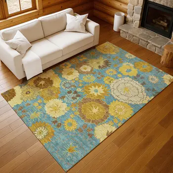 8' X 10' Aqua Gold And Beige Floral Washable Indoor Outdoor Area Rug