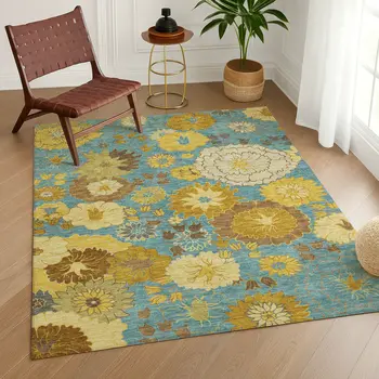 8' X 10' Aqua Gold And Beige Floral Washable Indoor Outdoor Area Rug