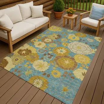 8' X 10' Aqua Gold And Beige Floral Washable Indoor Outdoor Area Rug
