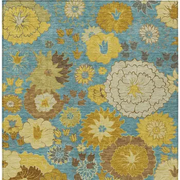 10' X 14' Aqua Gold And Beige Floral Washable Indoor Outdoor Area Rug