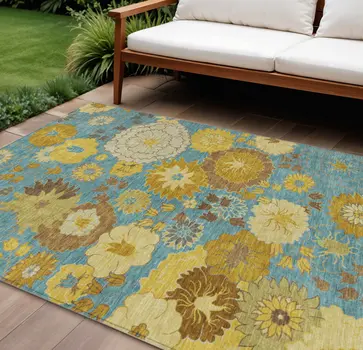 10' X 14' Aqua Gold And Beige Floral Washable Indoor Outdoor Area Rug
