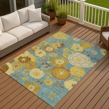10' X 14' Aqua Gold And Beige Floral Washable Indoor Outdoor Area Rug