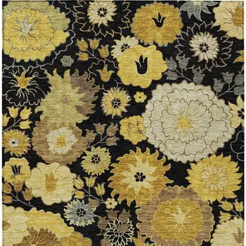 3' X 5' Black Gold And Beige Floral Washable Indoor Outdoor Area Rug