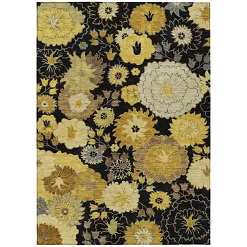 3' X 5' Black Gold And Beige Floral Washable Indoor Outdoor Area Rug