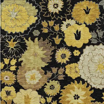 3' X 5' Black Gold And Beige Floral Washable Indoor Outdoor Area Rug