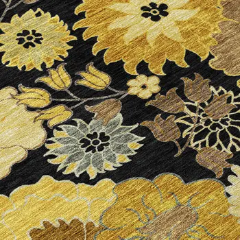 3' X 5' Black Gold And Beige Floral Washable Indoor Outdoor Area Rug