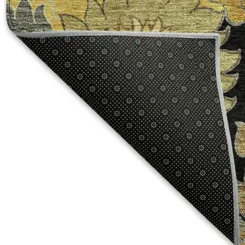 5' X 8' Black Gold And Beige Floral Washable Indoor Outdoor Area Rug