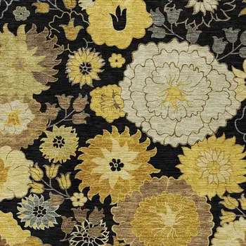 5' X 8' Black Gold And Beige Floral Washable Indoor Outdoor Area Rug