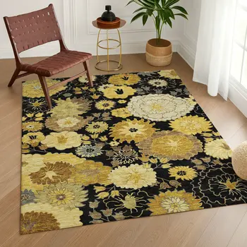 5' X 8' Black Gold And Beige Floral Washable Indoor Outdoor Area Rug