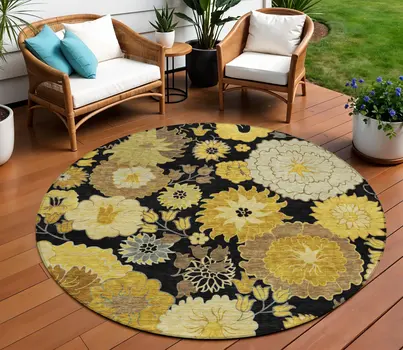 8' Black Gold And Beige Round Floral Washable Indoor Outdoor Area Rug