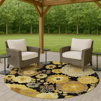 8' Black Gold And Beige Round Floral Washable Indoor Outdoor Area Rug
