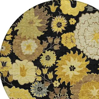 8' Black Gold And Beige Round Floral Washable Indoor Outdoor Area Rug