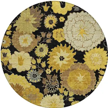 8' Black Gold And Beige Round Floral Washable Indoor Outdoor Area Rug