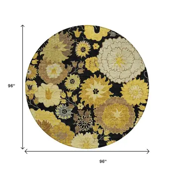 8' Black Gold And Beige Round Floral Washable Indoor Outdoor Area Rug