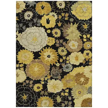 9' X 12' Black Gold And Beige Floral Washable Indoor Outdoor Area Rug