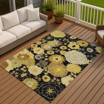 9' X 12' Black Gold And Beige Floral Washable Indoor Outdoor Area Rug