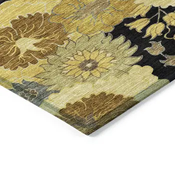 9' X 12' Black Gold And Beige Floral Washable Indoor Outdoor Area Rug