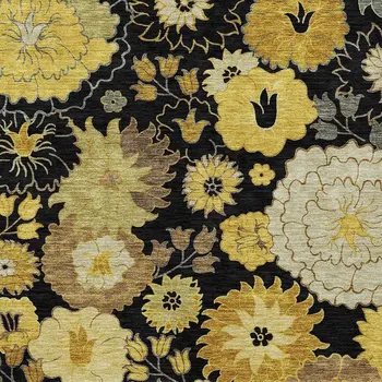 9' X 12' Black Gold And Beige Floral Washable Indoor Outdoor Area Rug
