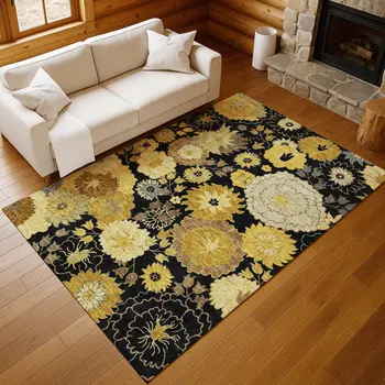 9' X 12' Black Gold And Beige Floral Washable Indoor Outdoor Area Rug