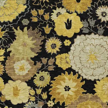 10' X 14' Black Gold And Beige Floral Washable Indoor Outdoor Area Rug