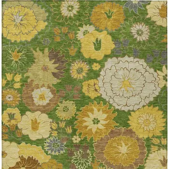 3' X 5' Fern Green Gold And Beige Floral Washable Indoor Outdoor Area Rug