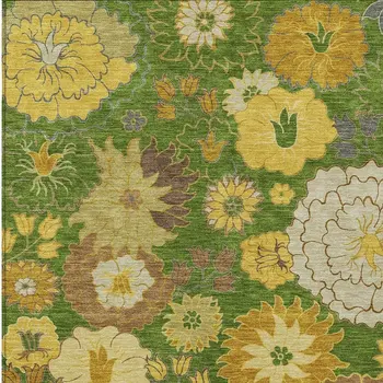 5' X 8' Fern Green Gold And Beige Floral Washable Indoor Outdoor Area Rug