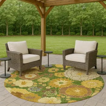 8' Fern Green Gold And Beige Round Floral Washable Indoor Outdoor Area Rug