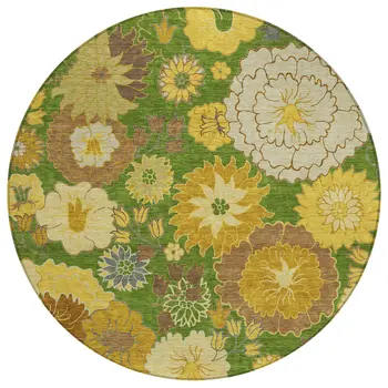 8' Fern Green Gold And Beige Round Floral Washable Indoor Outdoor Area Rug