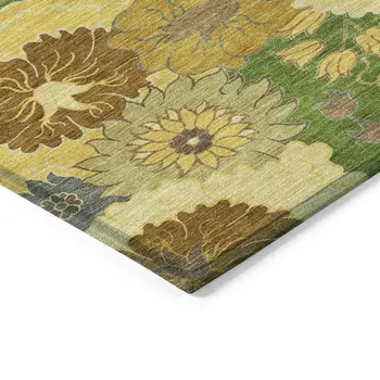 8' Fern Green Gold And Beige Round Floral Washable Indoor Outdoor Area Rug