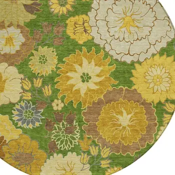8' Fern Green Gold And Beige Round Floral Washable Indoor Outdoor Area Rug